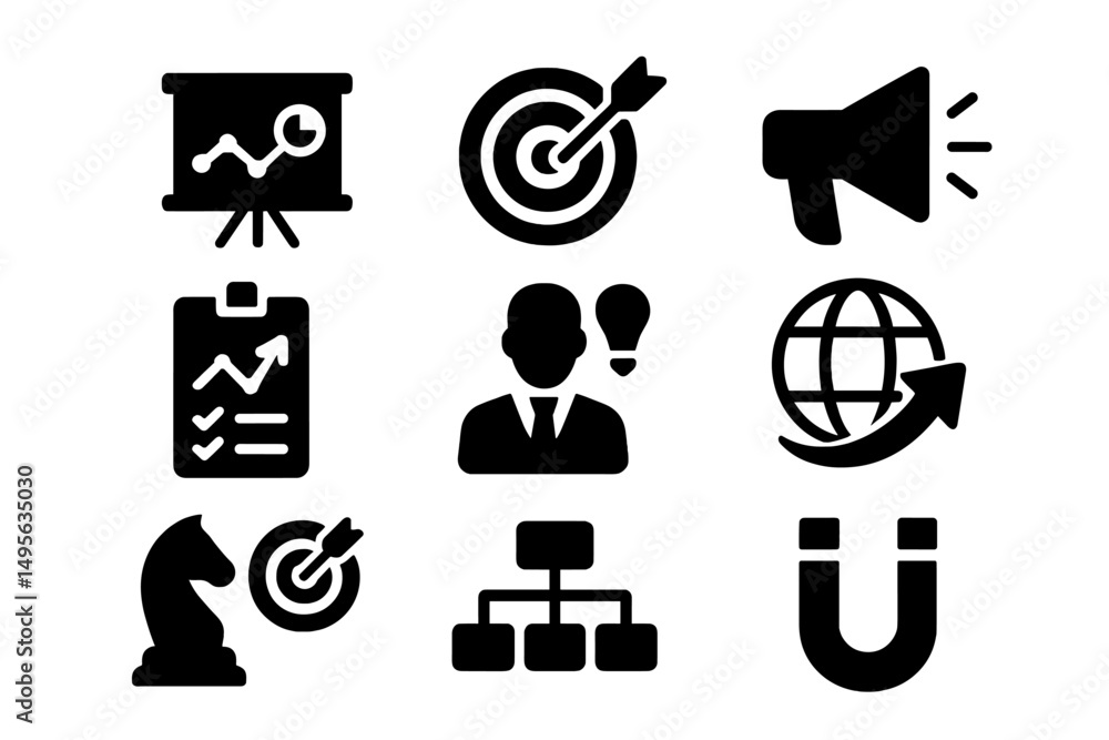Aufkleber Icons representing business concepts such as strategy, marketing, analytics, and networking in a modern design