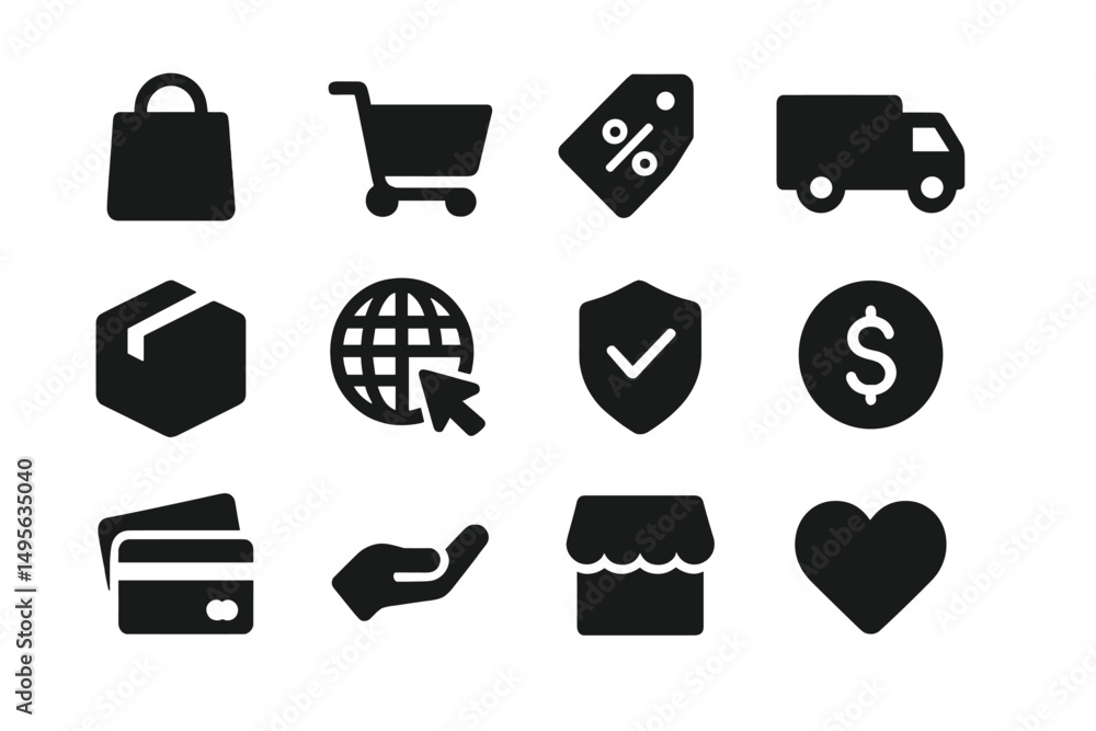 Poster collection of shopping-related icons illustrating various aspects of retail activities and consumer 