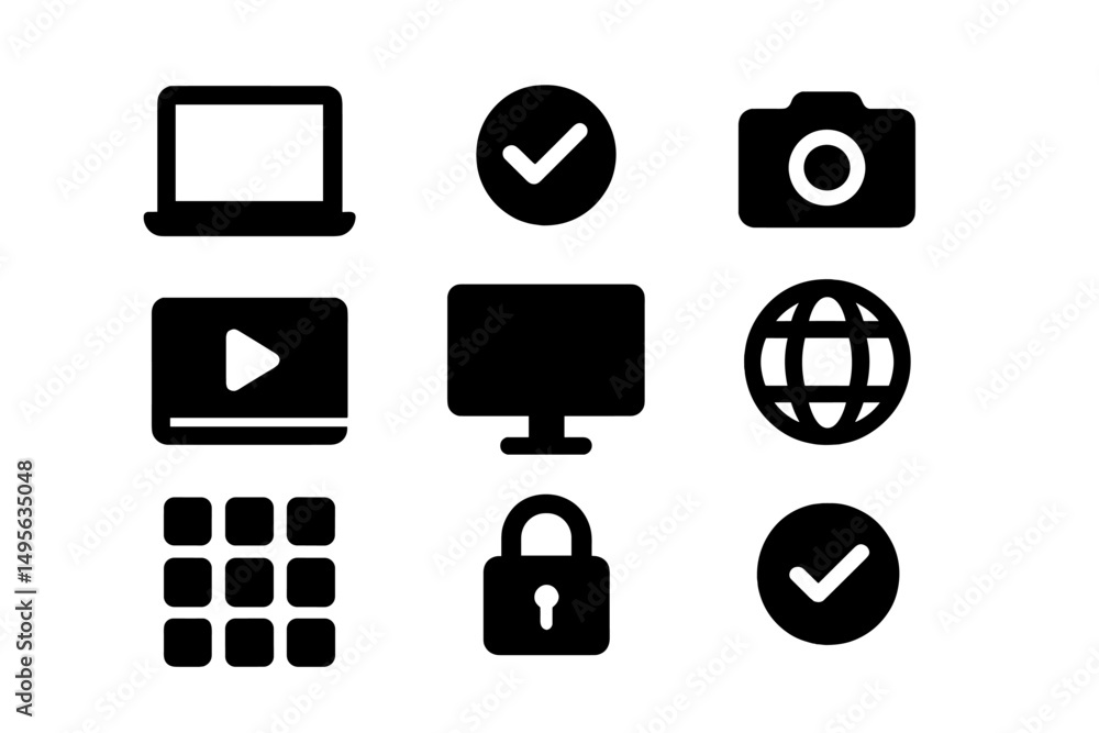 Fototapete collection of digital icons featuring technology symbols and indicators for various functions and ac