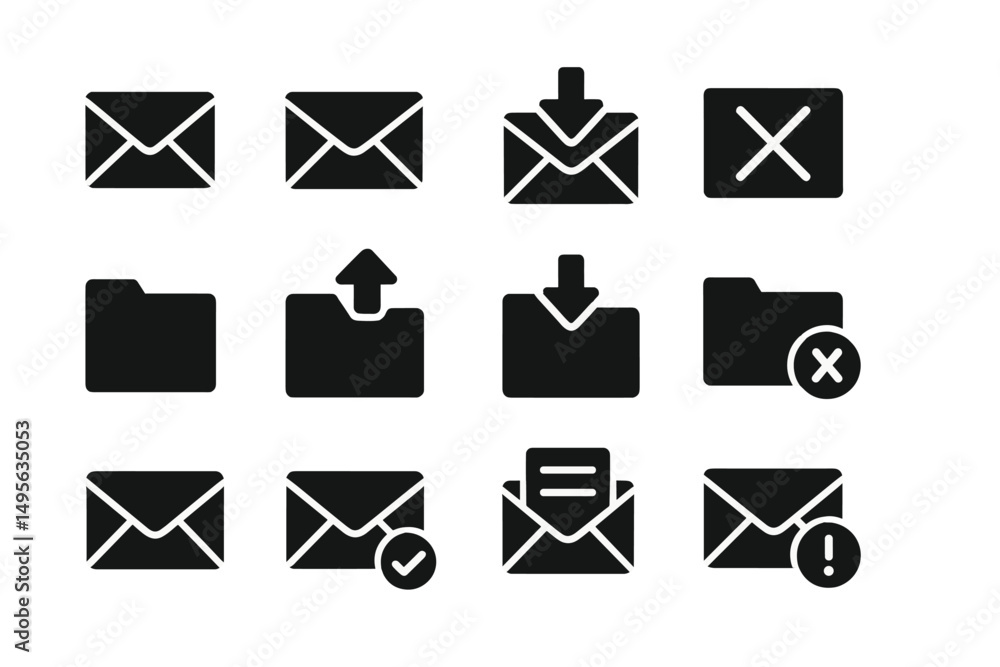 Poster collection of black and white mail and folder icons on a simple background for digital communication