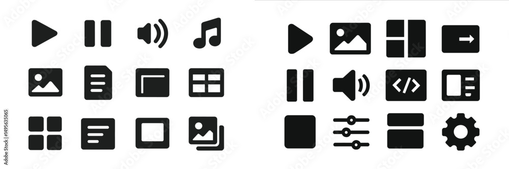 Poster icon set featuring playback, audio, and visual symbols for digital interfaces used in various media 