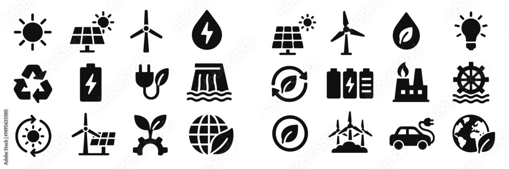 Poster icons representing renewable energy sources and environmentally friendly practices in a modern desig