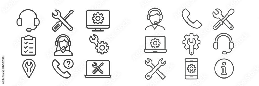 Aufkleber icons representing technical support services and troubleshooting tools for various devices and syst