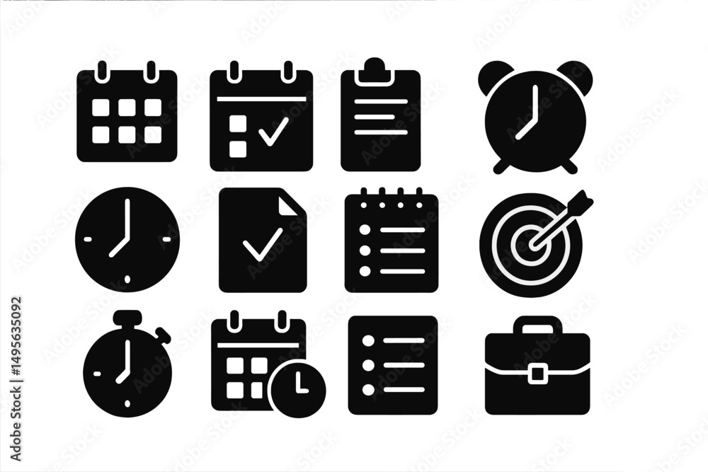 Poster Essential time management icons highlighting scheduling, tasks, and productivity tools for effective organization