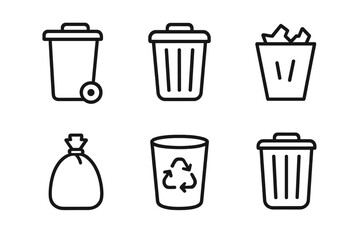 Illustration of various trash bins representing waste management and recycling concepts in a minimalist style