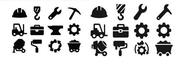 Construction and tools icons set showcasing various equipment essential for building activities