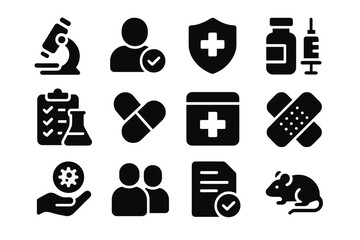Health and safety icons representing medical research and practices in a clinical setting