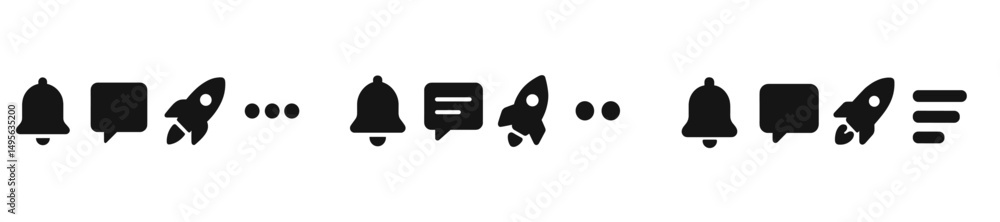 Aufkleber Icons illustrating notifications, messages, and launch in a minimalistic style suitable for digital interfaces