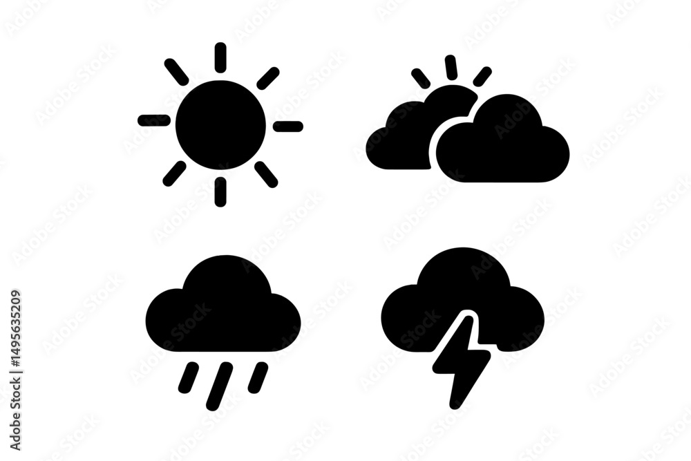Aufkleber weather icons representing various conditions including sun, clouds, rain, and thunder with lightnin