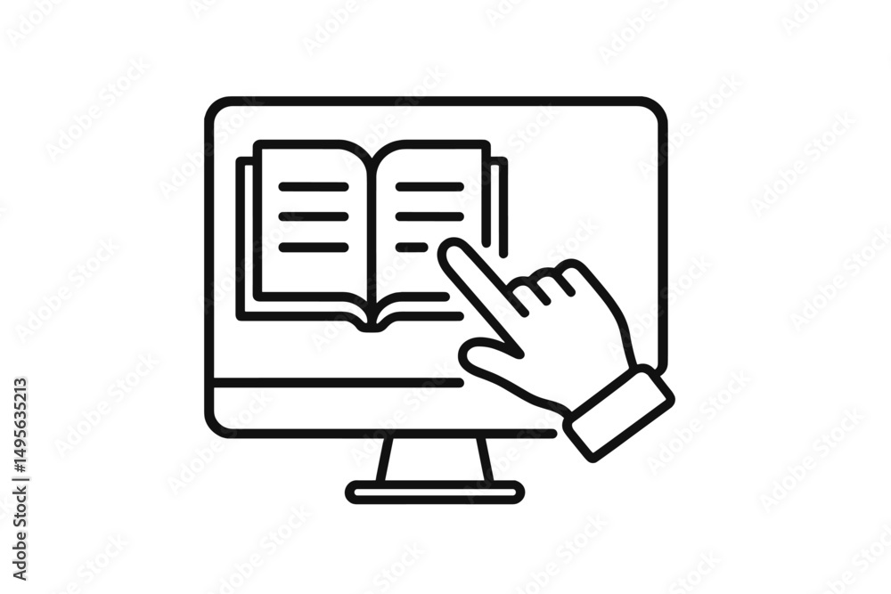 Poster Hand pointing at an open book displayed on a computer screen in a modern workspace setting during daytime