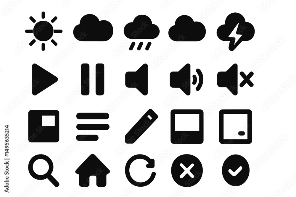 Aufkleber collection of minimalist black icons depicting weather, media controls, and user interface elements 