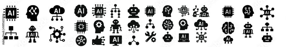 Poster various black and white icons representing artificial intelligence concepts and technologies arrange