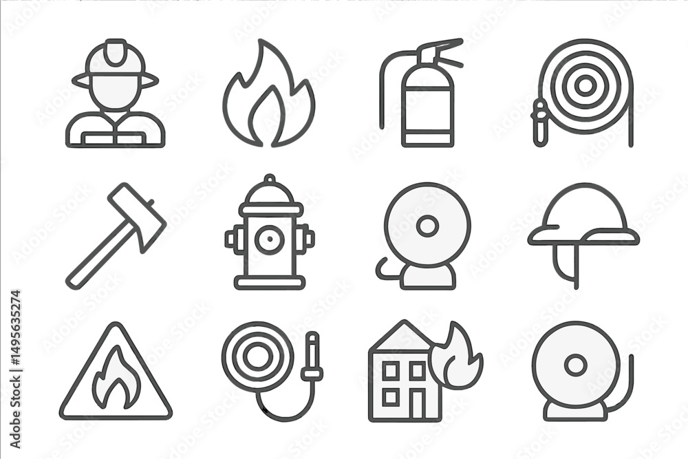 Poster fire safety symbols and equipment displayed in a grid for educational purposes in a training setting