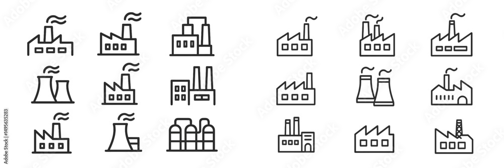 Poster industrial buildings and factories represented in simple line art, showcasing various structures and