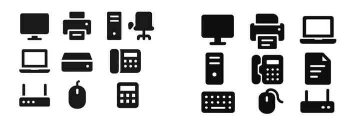 Diverse collection of office equipment icons showcasing technology and workspace essentials