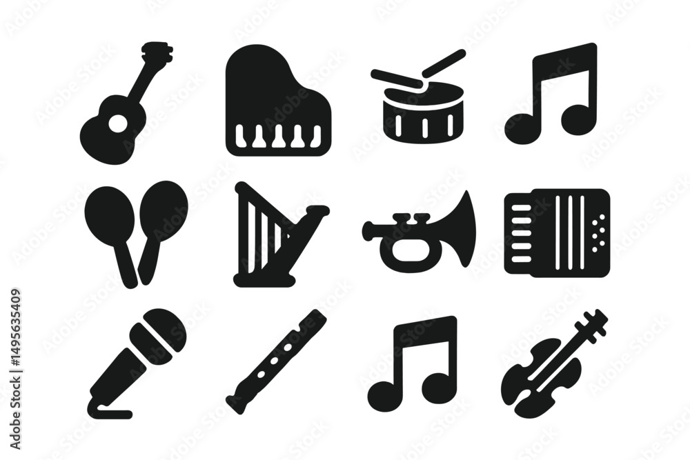 Poster Musical instruments and notes in various shapes displayed on a white background