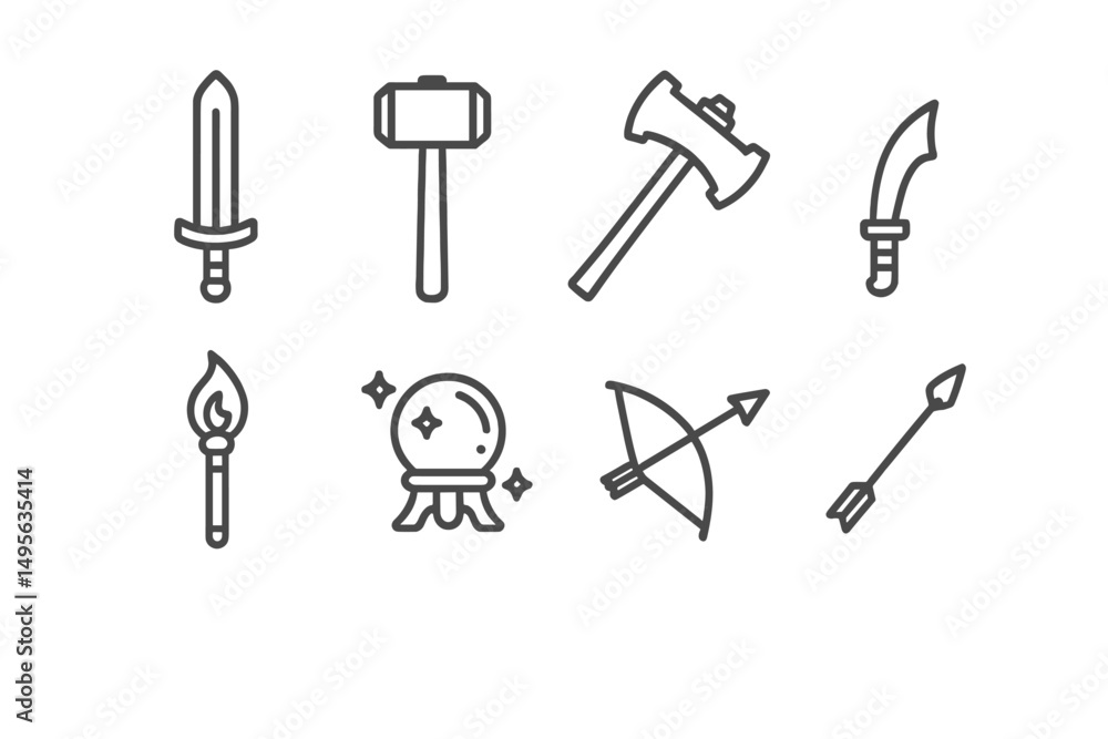Aufkleber various medieval weapons and tools depicted in line art style suitable for fantasy themes and games