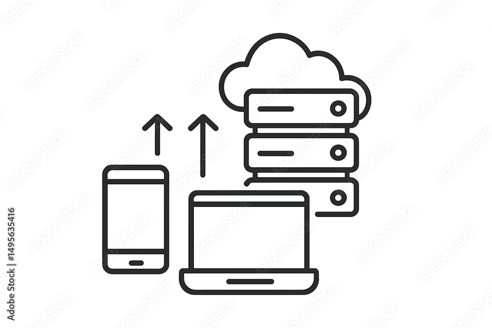 Poster cloud storage technology connecting smartphone and laptop for data transfer in a digital workspace