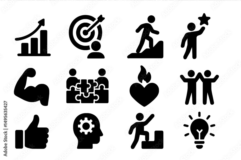 Aufkleber Icons representing various concepts of motivation and teamwork in a modern design setting