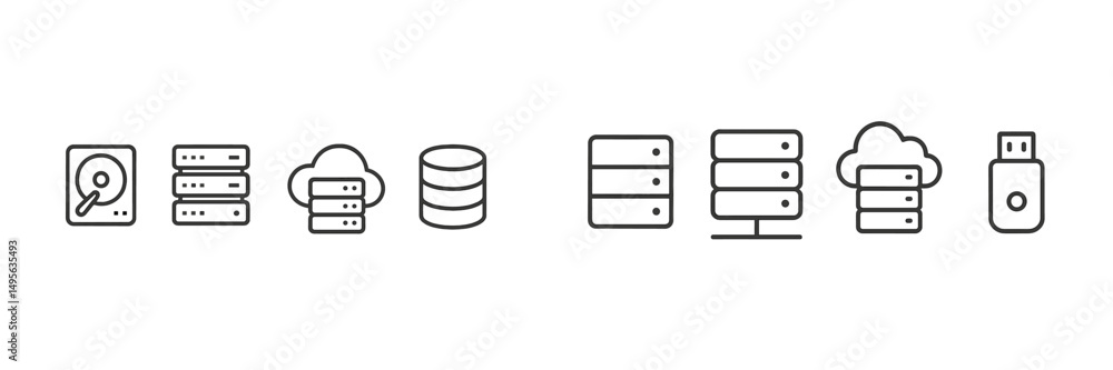 Poster collection of computer data storage icons illustrating various technologies and formats in a minimal