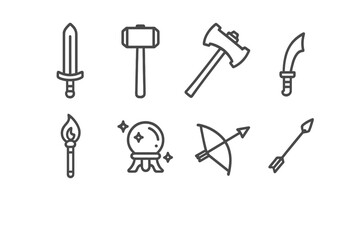 Obraz premium Various medieval weapons and tools depicted in line art style suitable for fantasy themes and games