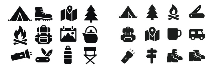 Collection of camping and outdoor activity icons featuring tents, trees, backpacks, and campfires for adventure enthusiasts