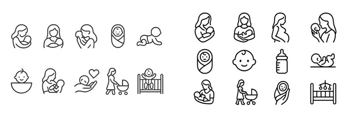 Collection of minimalist icons depicting motherhood, infant care, and nurturing activities in a simplistic style