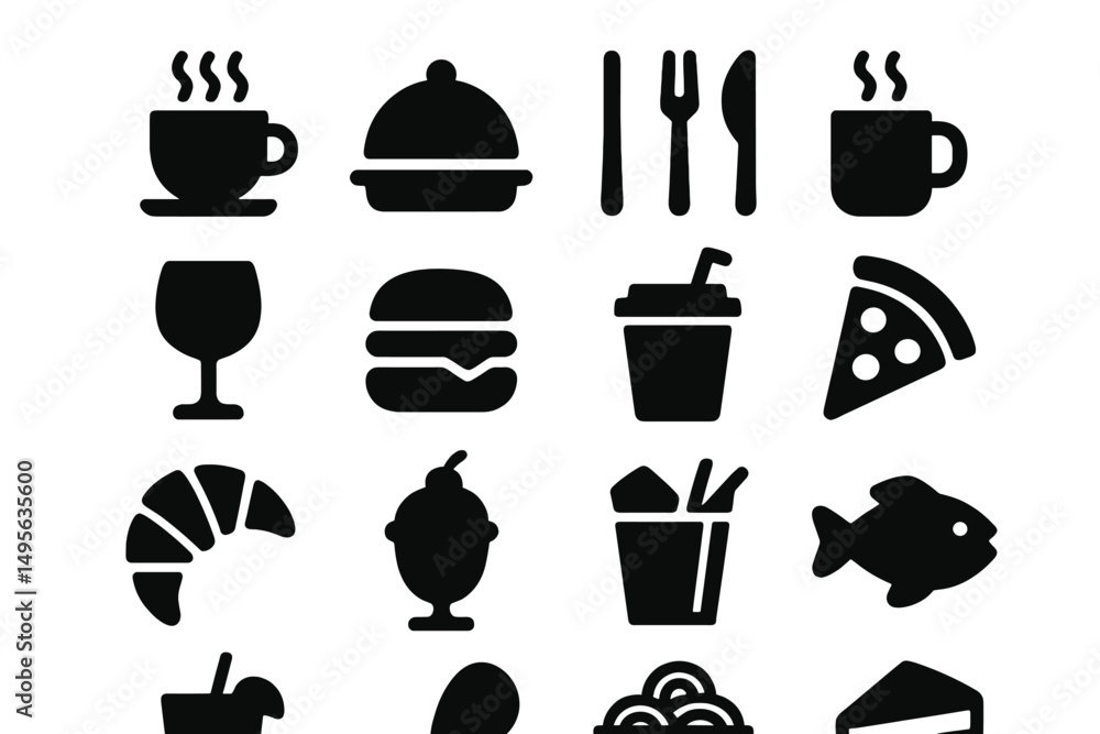 Poster creative food and drink icons arranged in a grid, representing various culinary options ideal for a 