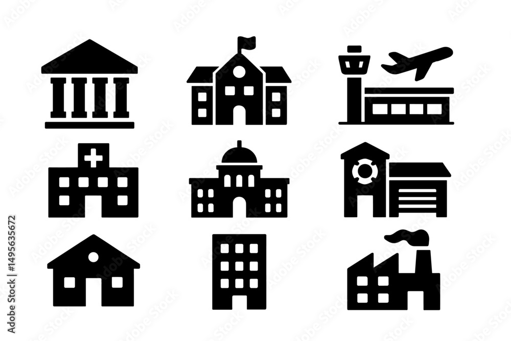 Aufkleber Different types of buildings and structures commonly found in urban settings represented in black silhouette icons