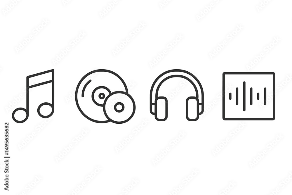 Poster musical elements displayed with notes, vinyl records, headphones, and sound waves in a minimalistic 