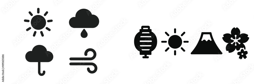 Poster Weather symbols representing different conditions and cultural elements in a simple design showcasing sun, rain, wind, and nature