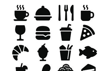 Creative food and drink icons arranged in a grid, representing various culinary options ideal for a menu design