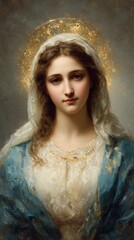 Divine Portrait of the Virgin Mary with Golden Halo &mdash; Classical Religious Oil Painting