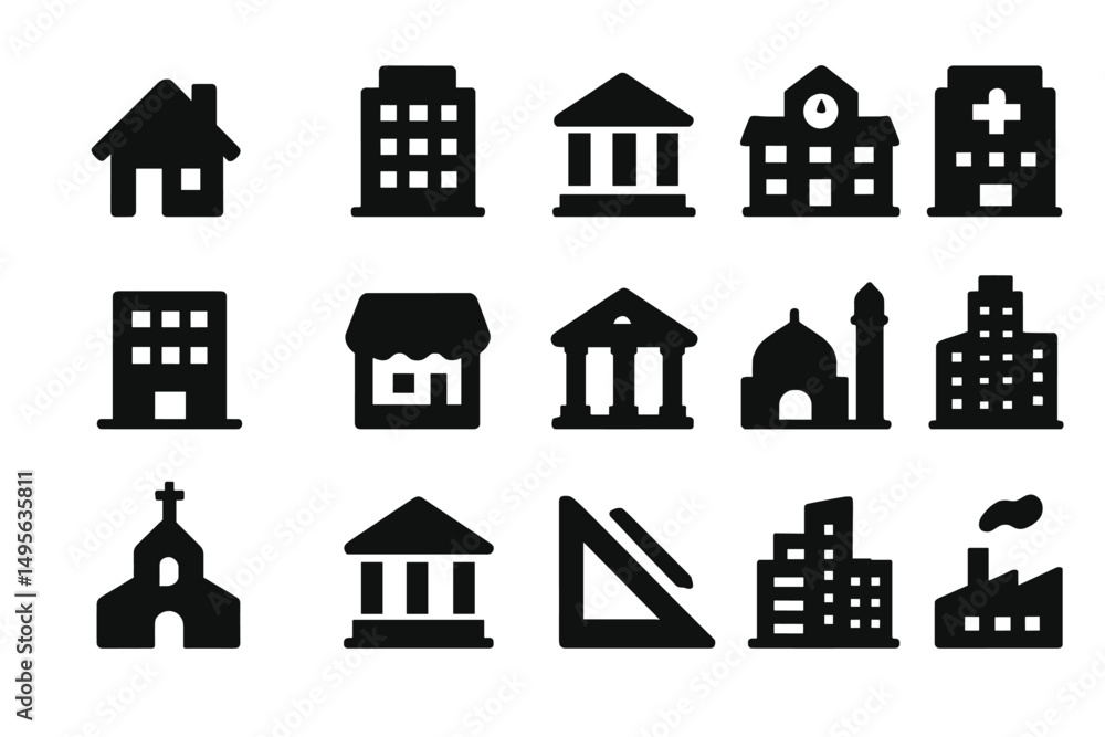 Aufkleber Various building icons representing different types of architecture and their functions in a minimalist black and white design