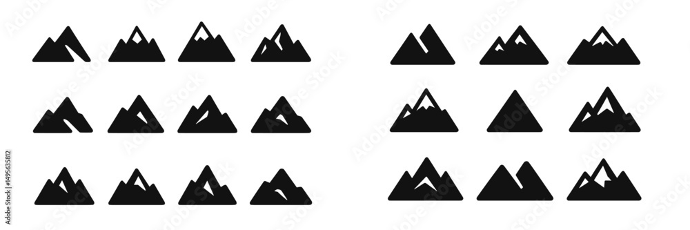 Aufkleber stylized mountain silhouettes arranged in a grid pattern showcasing diverse shapes and styles