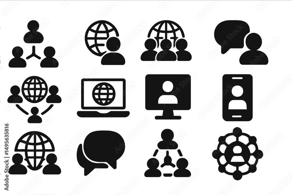 Poster digital communication and global networking icons illustrating various social interaction methods an
