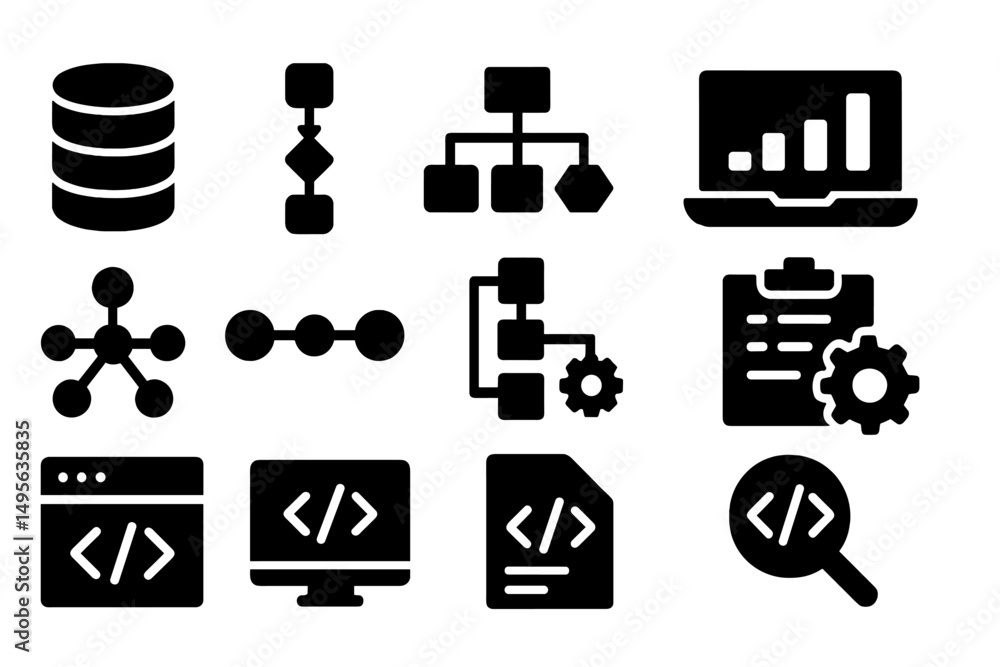 Poster graphic representation of various technology concepts including data management and programming tool