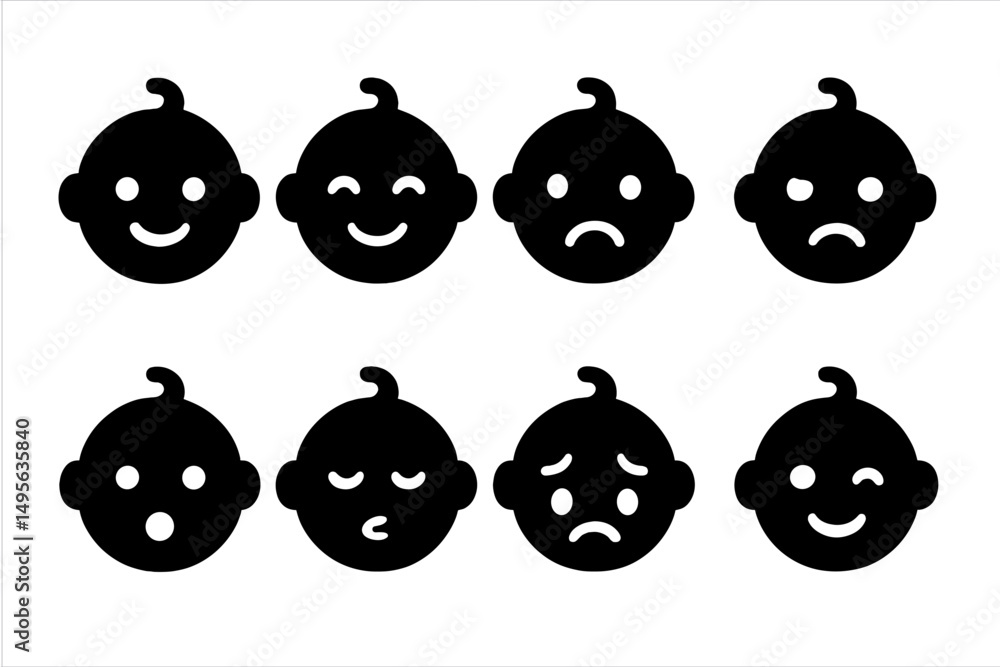 Poster Collection of baby face icons expressing various emotions in a simple and playful design