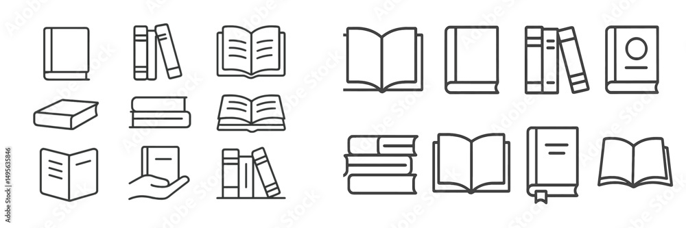 Poster Various book icons represented in minimalist outline style showcasing different book types and arrangements in a simple design
