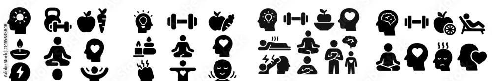 Poster health and wellness icons representing various aspects of fitness and mindfulness practices in a cre