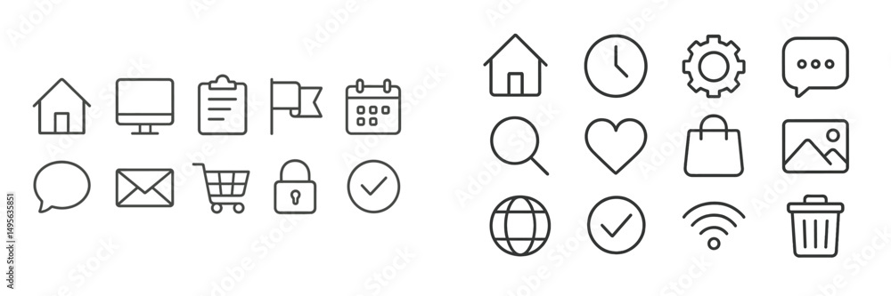 Poster minimalist icons set featuring various symbols for communication, organization, and navigation used 