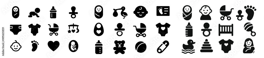Poster variety of baby and parenting icons featuring essential items and symbols in a simple black and whit