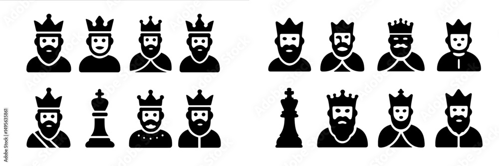 Poster different styles of king and queen icons representing royal figures and chess pieces displayed on a 
