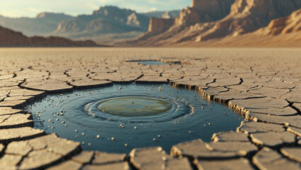 Obraz premium Water drop creating ripples in a desert puddle, against the backdrop of mountains.