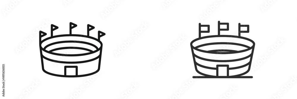Poster two simple line illustrations of a stadium design showcasing varying styles with flags on top