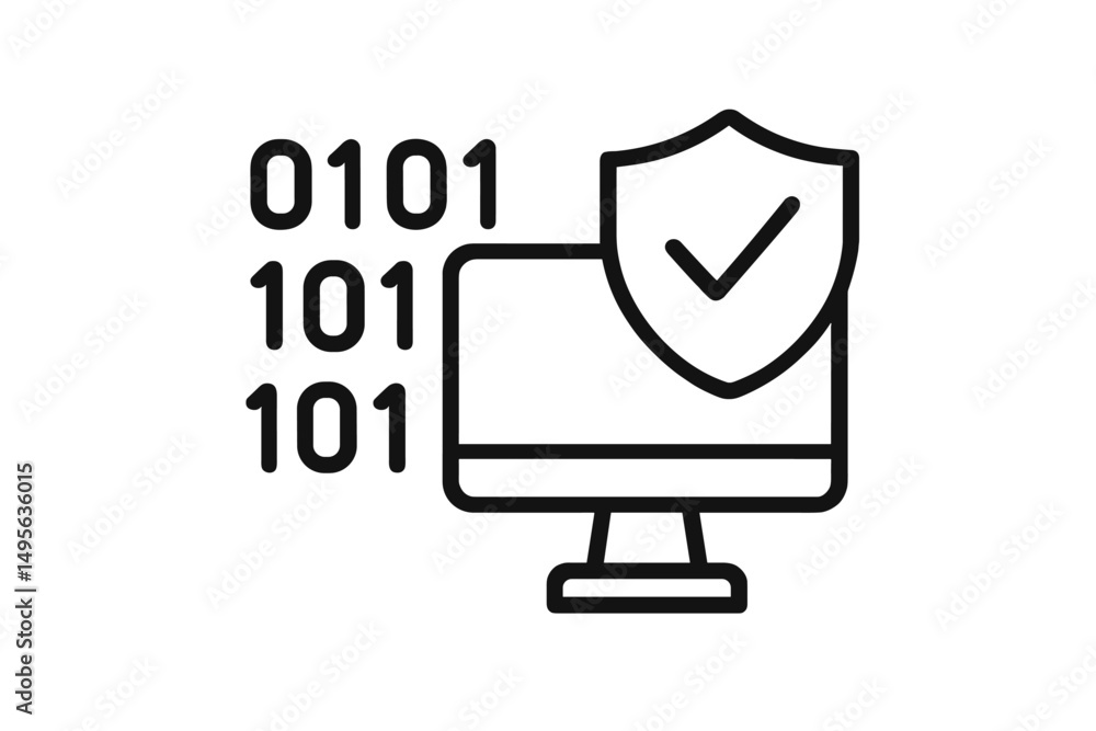 Poster cybersecurity concept showcasing a computer shielded with a checkmark during data transmission