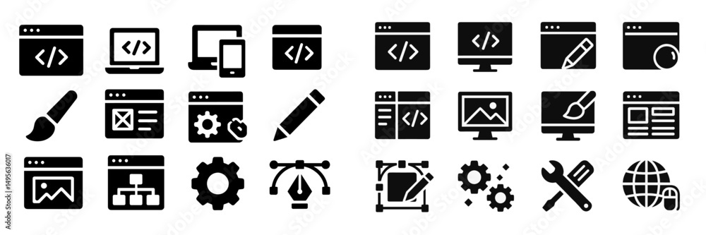 Poster icons depicting web development tools and software design elements showcasing coding, design, and da