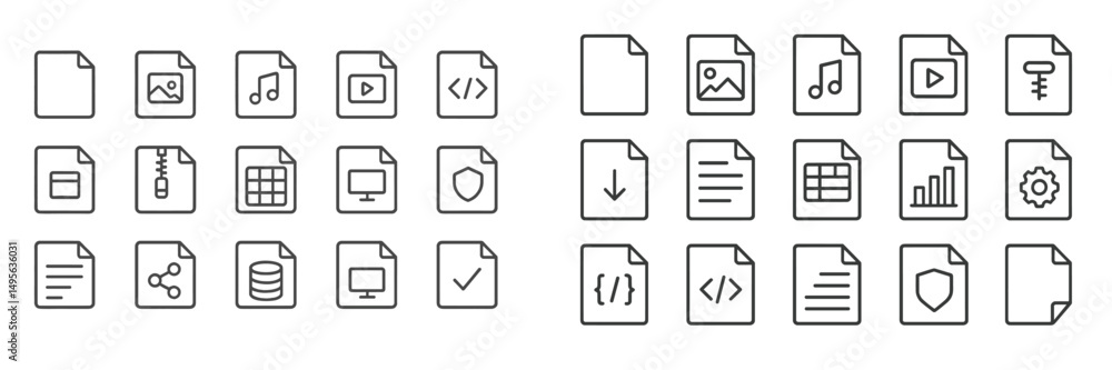 Poster a variety of simple black and white icons representing different file types, including images, audio