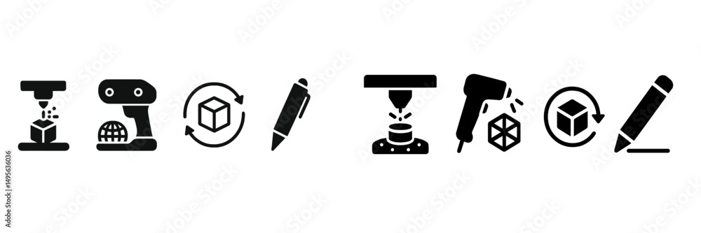 Poster Collection of icons representing 3D printing processes including design, modeling, and assembly techniques used in manufacturing