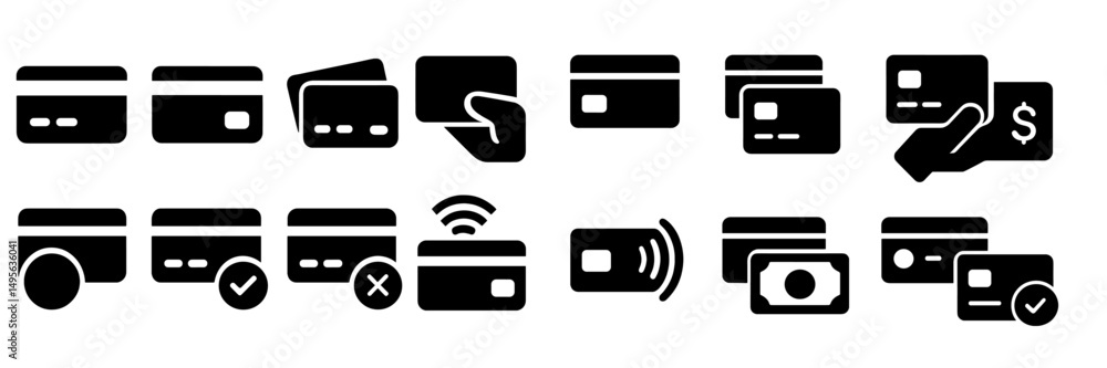 Poster various credit card icons showcasing transactions, payments, and card handling in simple black desig